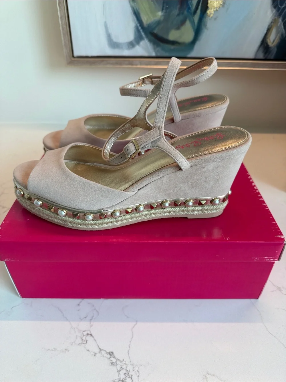 Suede Pearl-Stud Wedge Sandals - Blush